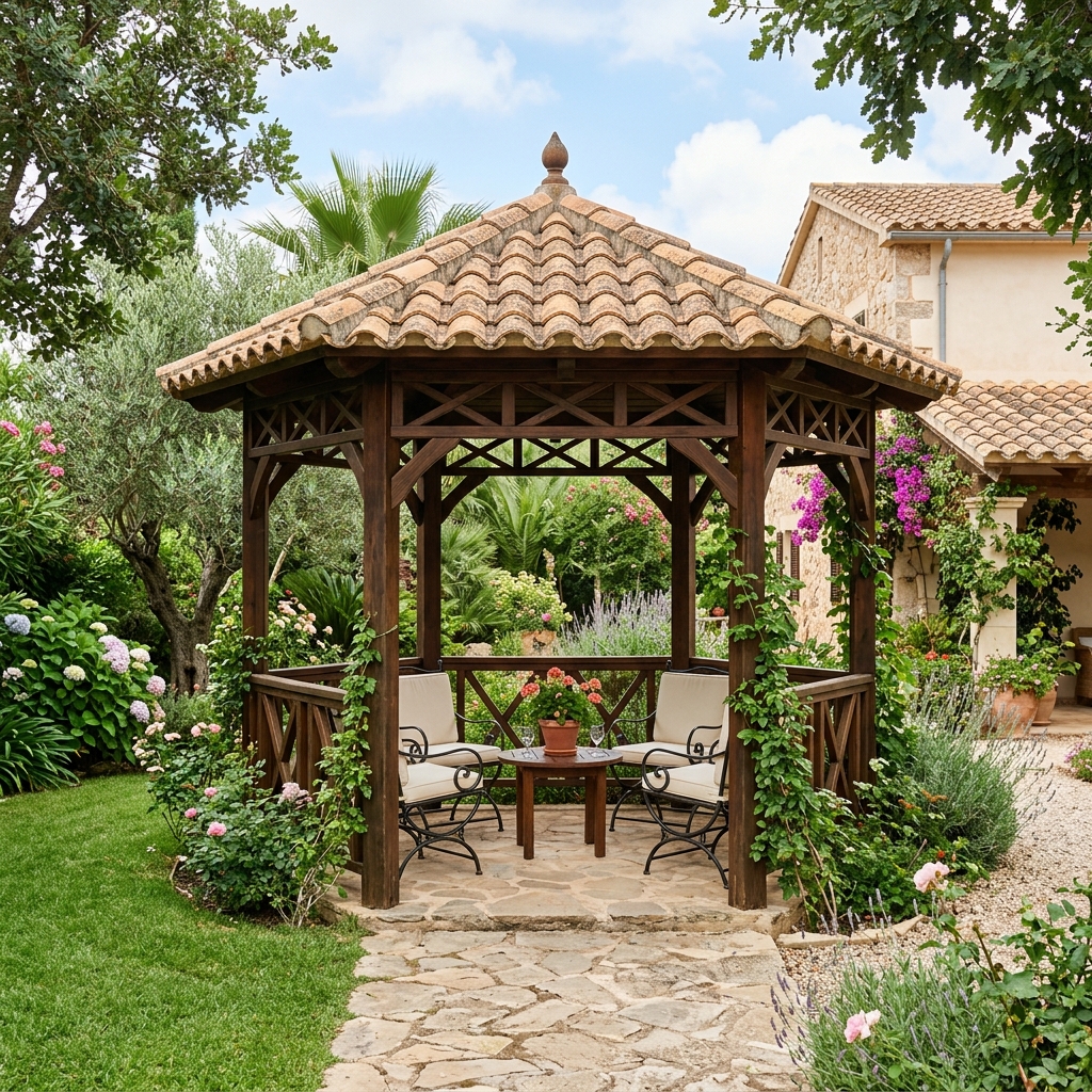 Cenador de madera en un jardín de Burgos