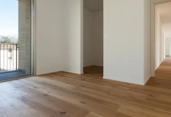Vivienda moderna con suelo de tarima de roble claro, terraza acristalada y pasillo en L en Burgos