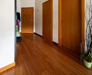 Recibidor con tres puertas de madera clara tono roble miel y suelo de tarima a juego, perchero y planta en Burgos