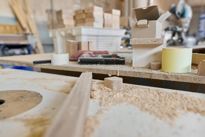 Carpintero preparando módulos de madera ligera en el taller de Burgos